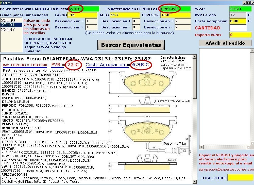 Pastillas de freno localizadas por dimensiones