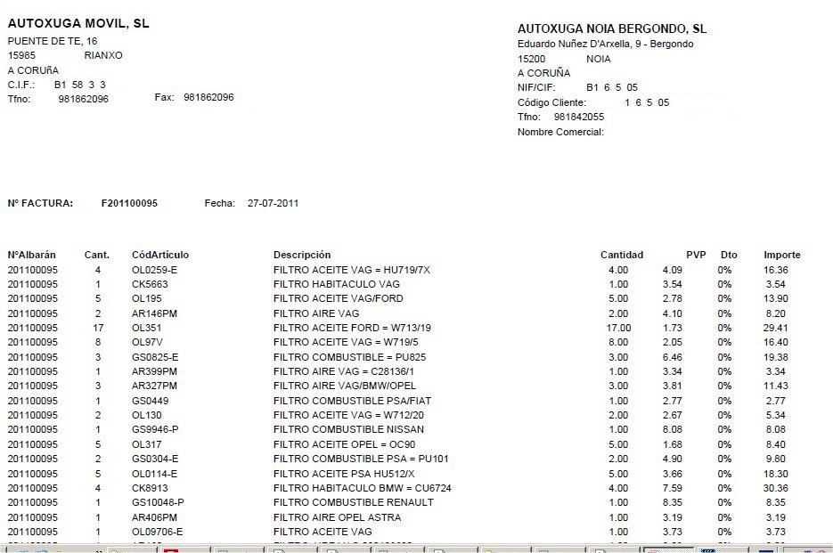 Factura de un pedido de filtros de Autoxuga Noia con cantidades e importes