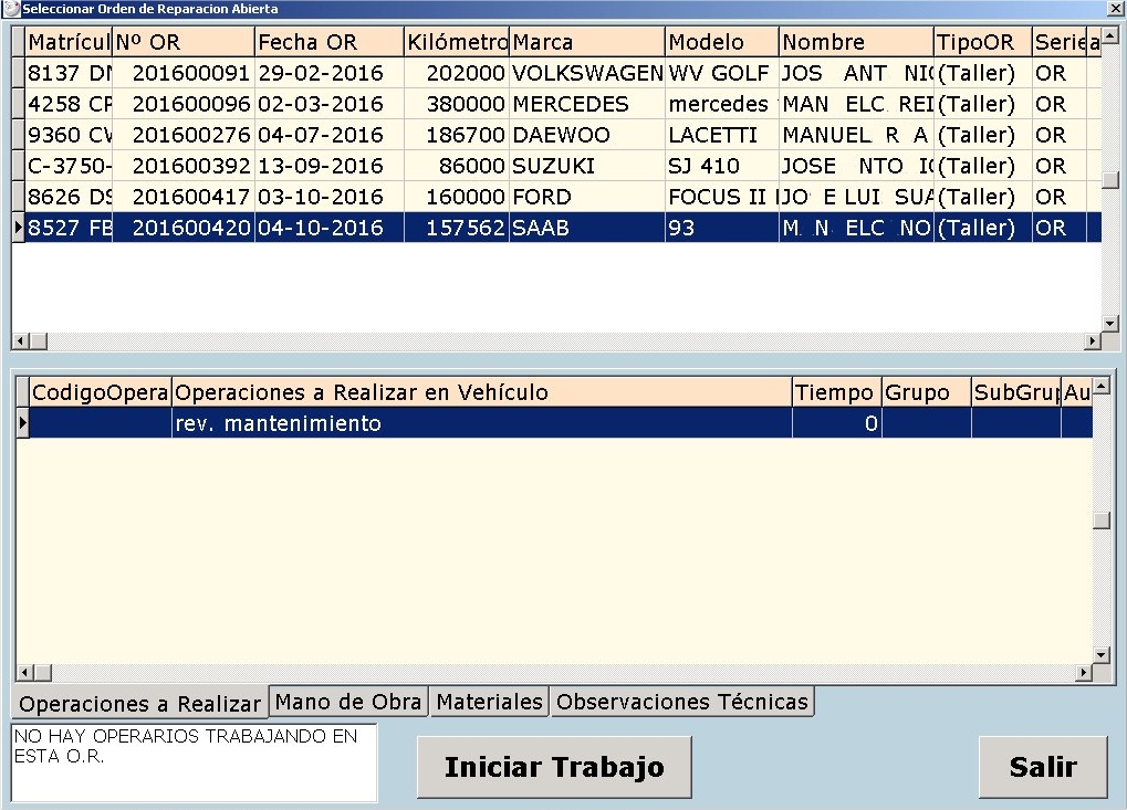 Coches en el taller con las operaciones a realizar